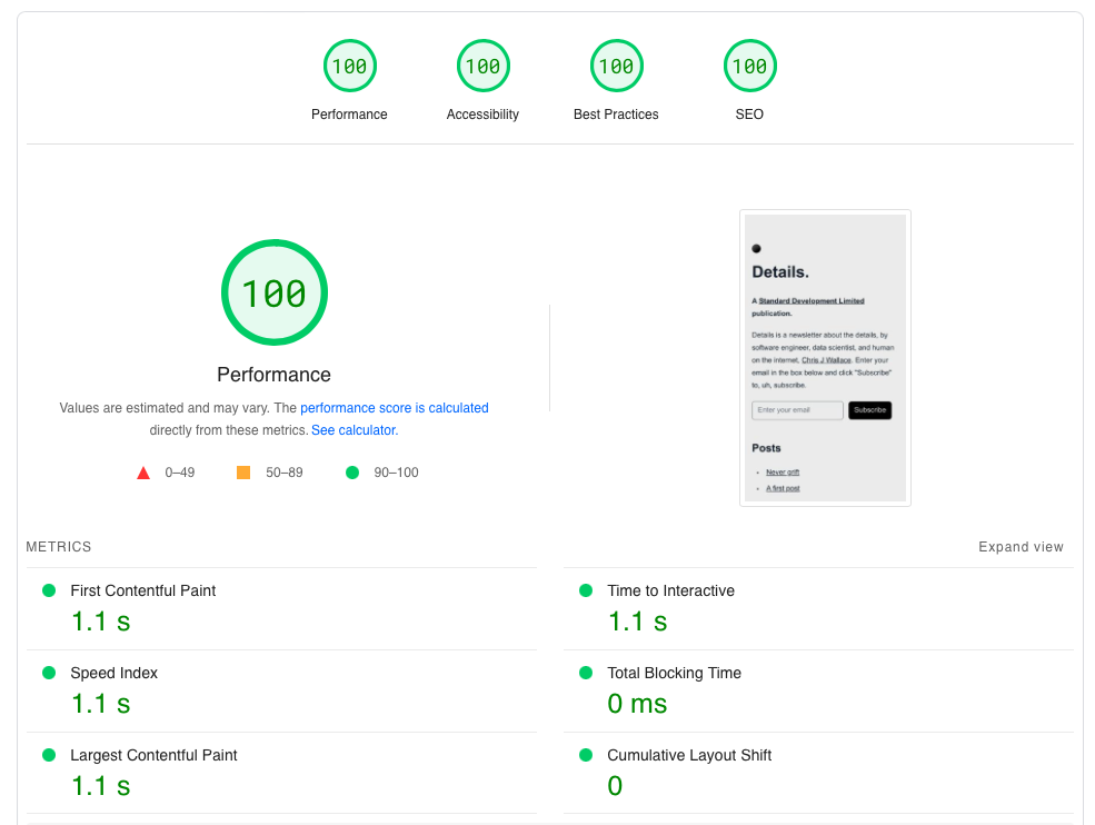 Lighthouse scores for standard.dev/details page on mobile:  Performance: 100, Accessibility: 100, Best Practices: 100, SEO: 100